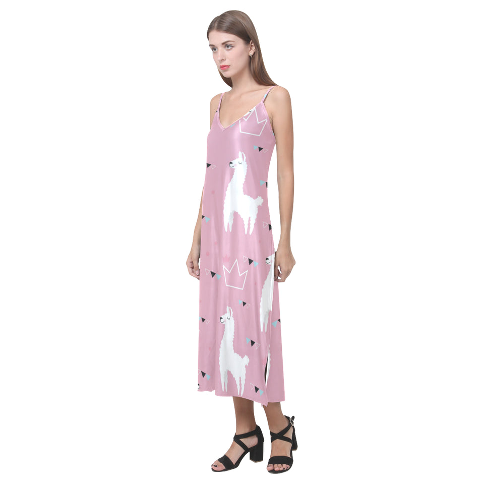 Llama Alpaca pink background V-Neck Open Fork Long Dress