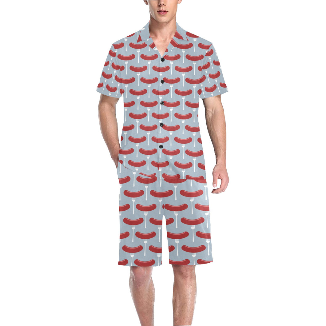 Sausage Pattern Print Design 02 Men's V-Neck Short Pajama Set