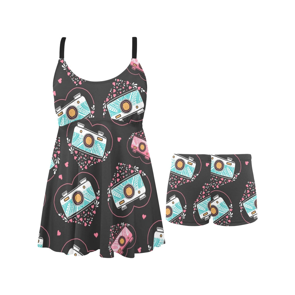 Camera Pattern Print Design 04 Chest Sexy Pleated Two Piece Swim Dress