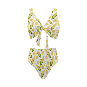 Corn Pattern Print Design 05 Chest Bowknot High Waisted Bikini Swimsuit