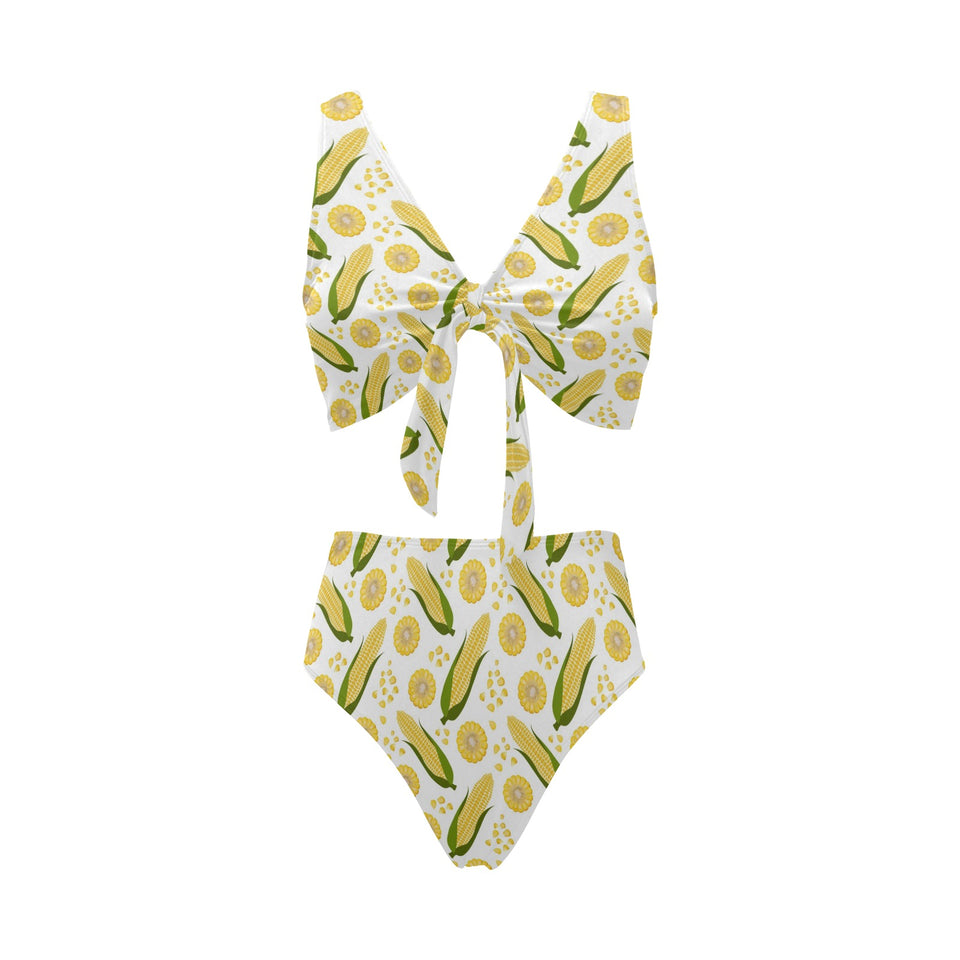 Corn Pattern Print Design 05 Chest Bowknot High Waisted Bikini Swimsuit