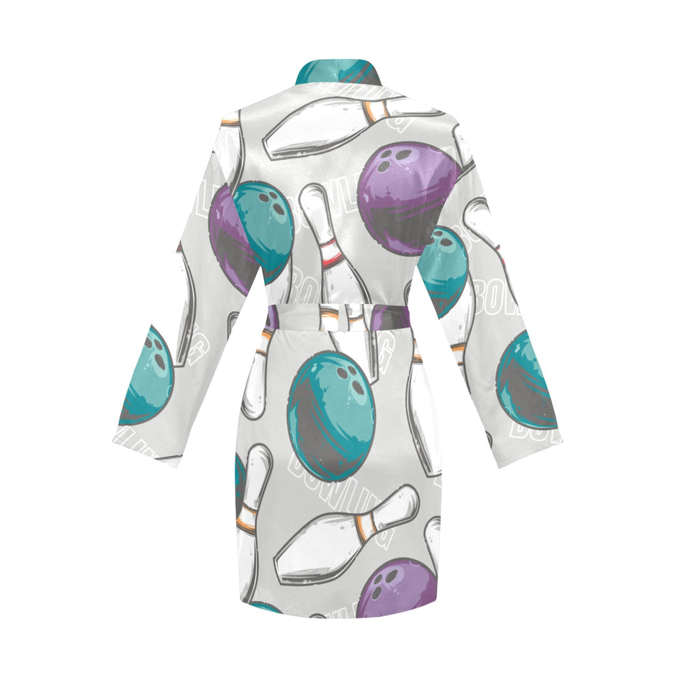 Bowling ball and pin gray background Women's Long Sleeve Belted Night Robe