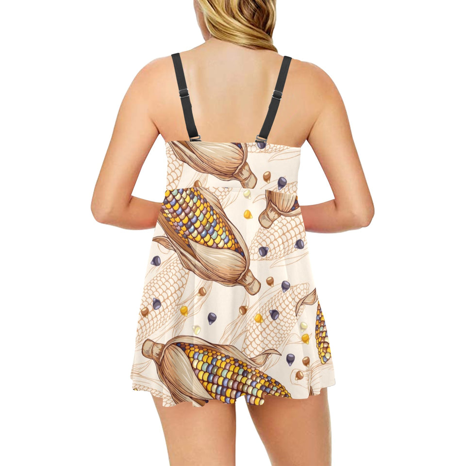 Corn Pattern Print Design 03 Chest Sexy Pleated Two Piece Swim Dress