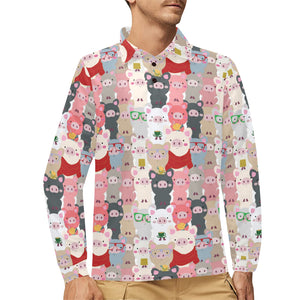 Pig Pattern Print Design 02 Men's Long Sleeve Polo Shirt