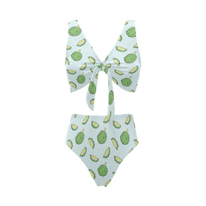 Durian pattern blue background Chest Bowknot High Waisted Bikini Swimsuit