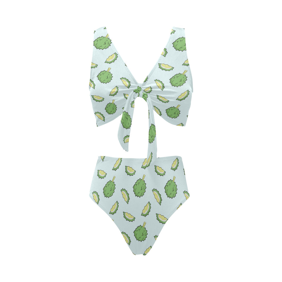 Durian pattern blue background Chest Bowknot High Waisted Bikini Swimsuit
