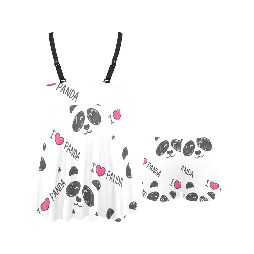 Hand Drawn faces of pandas pattern Chest Sexy Pleated Two Piece Swim Dress