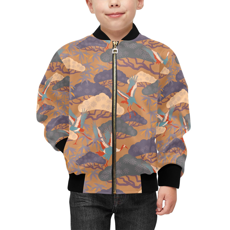 Bonsai bamboo stork japanese pattern brown theme Kids' Boys' Girls' Bomber Jacket