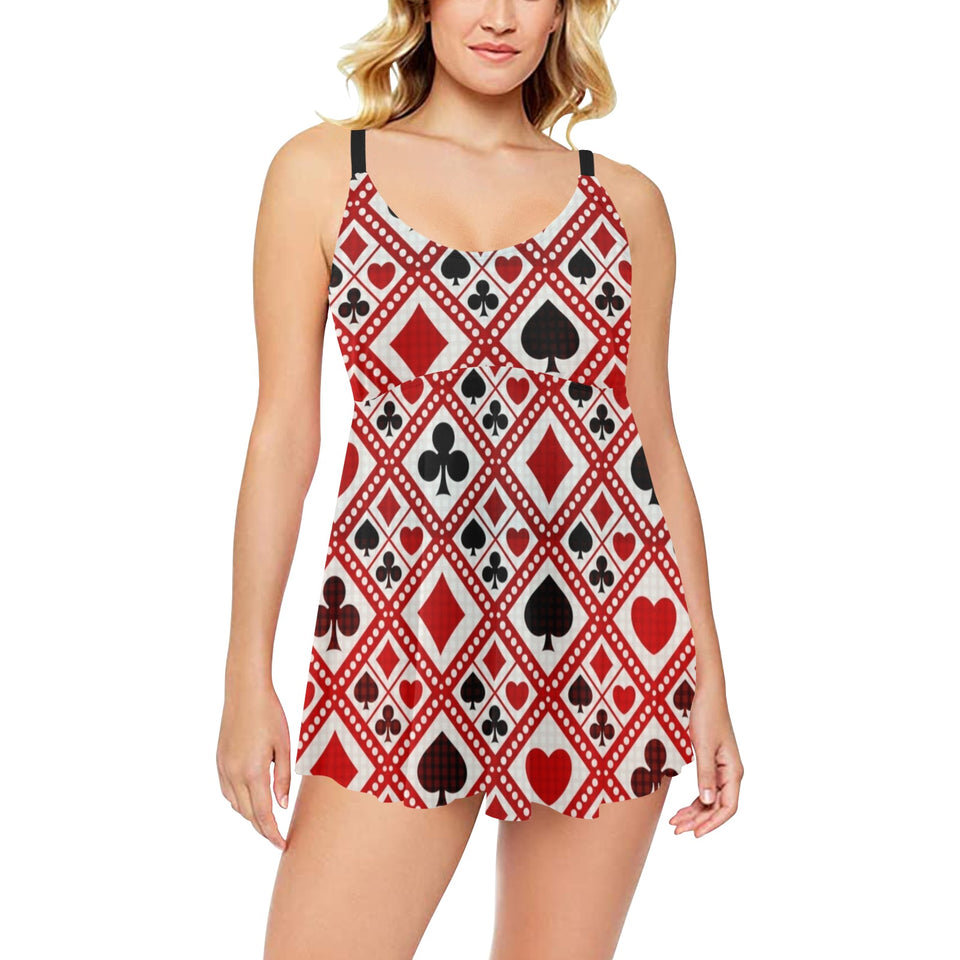 Casino Cards Suits Pattern Print Design 03 Chest Sexy Pleated Two Piece Swim Dress
