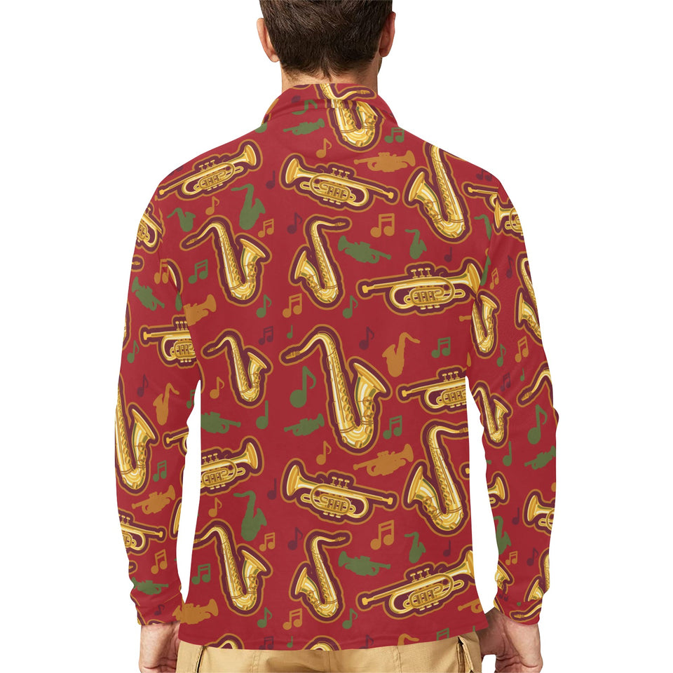 Saxophone cornet pattern red background Men's Long Sleeve Polo Shirt