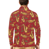 Saxophone cornet pattern red background Men's Long Sleeve Polo Shirt