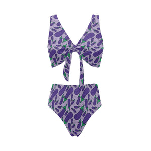 Eggplant Pattern Print Design 03 Chest Bowknot High Waisted Bikini Swimsuit