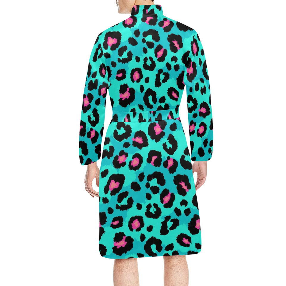 Green leopard skin print pattern Men's Long Sleeve Belted Night Robe