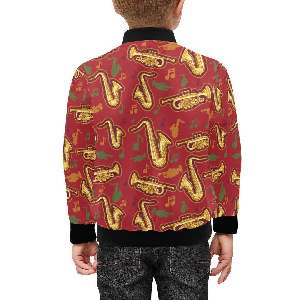 Saxophone cornet pattern red background Kids' Boys' Girls' Bomber Jacket
