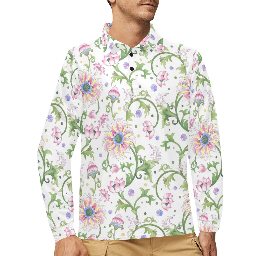 Beautiful pink lotus waterlily leaves pattern Men's Long Sleeve Polo Shirt