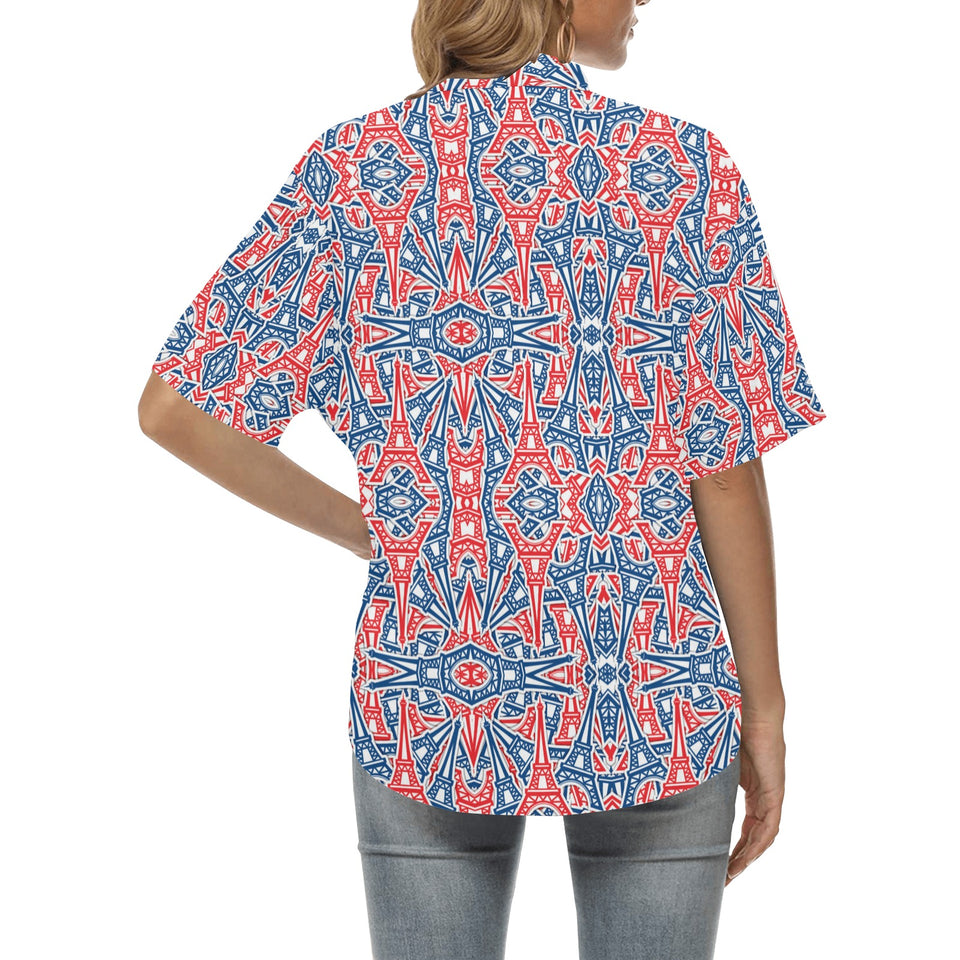 Blue Red Eiffel Tower Pattern Print Design 02 Women's All Over Print Hawaiian Shirt