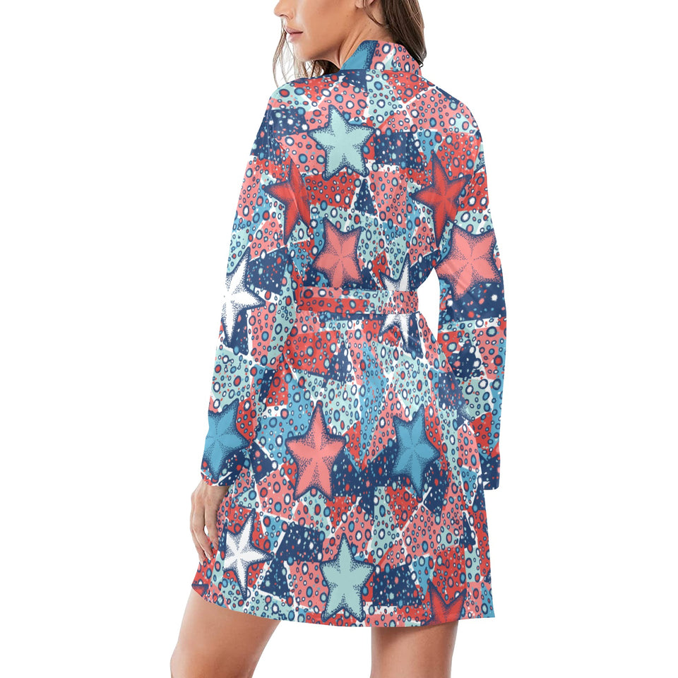 Hand drawn colorful starfish Women's Long Sleeve Belted Night Robe