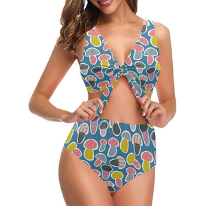 Colorful mushroom design pattern Chest Bowknot High Waisted Bikini Swimsuit