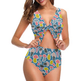Colorful mushroom design pattern Chest Bowknot High Waisted Bikini Swimsuit