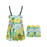 Hand drawn windmill pattern Chest Sexy Pleated Two Piece Swim Dress