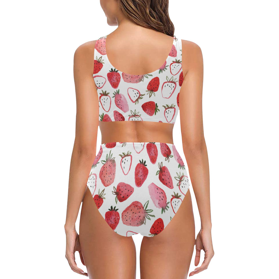 watercolor hand drawn beautiful strawberry pattern Chest Bowknot High Waisted Bikini Swimsuit