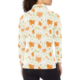 Cute brown pomeranian paw leave bone pattern Women's Long Sleeve Polo Shirt
