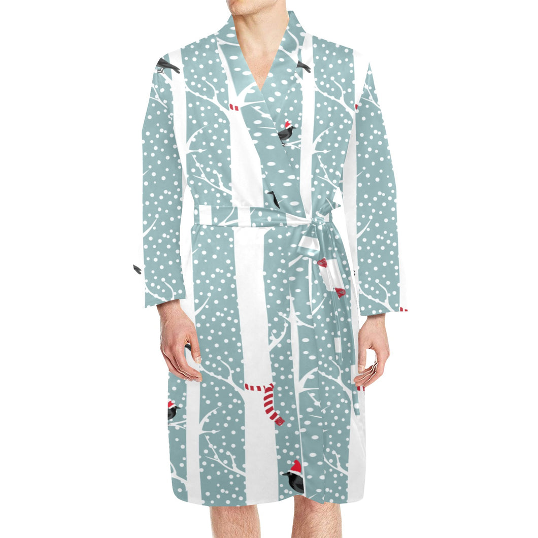 Crows christmas hat scarf Men's Long Sleeve Belted Night Robe