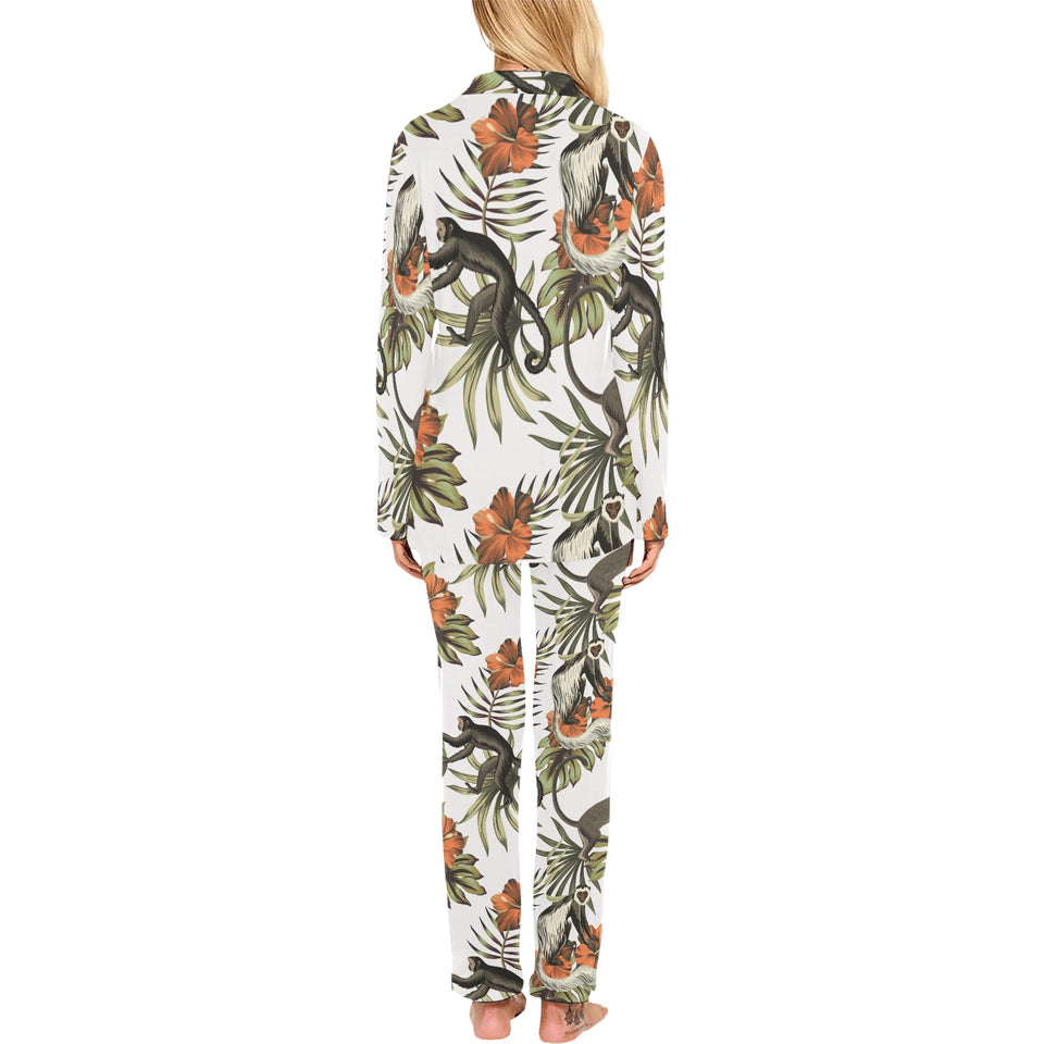 Monkey red hibiscus flower palm leaves floral patt Women's Long Pajama Set