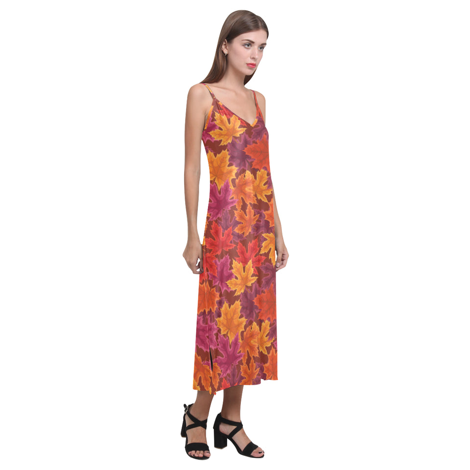 Autumn maple leaf pattern V-Neck Open Fork Long Dress
