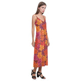 Autumn maple leaf pattern V-Neck Open Fork Long Dress
