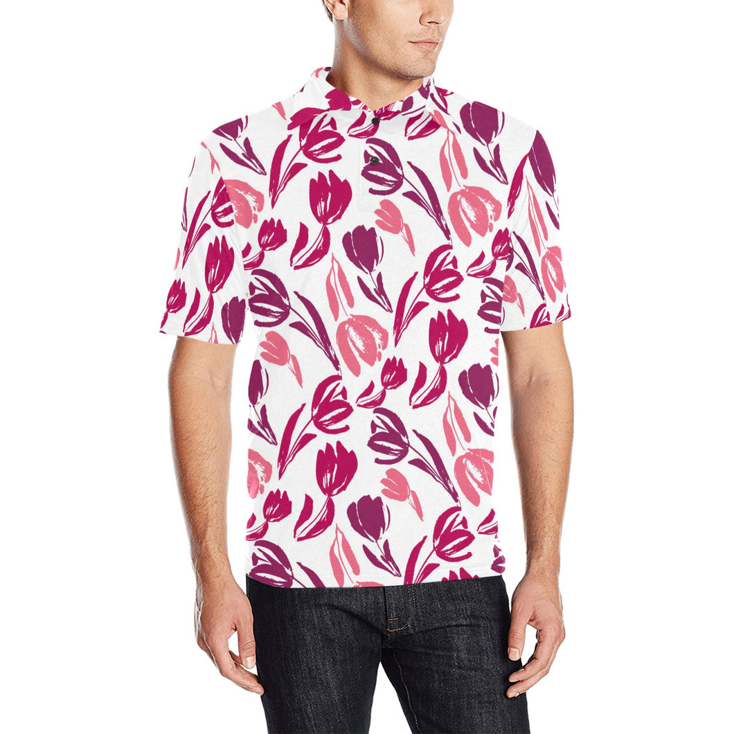 pink sketch tulip pattern Men's All Over Print Polo Shirt