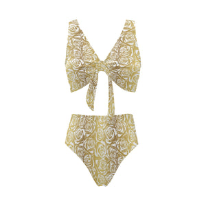 Rose Pattern Print Design 05 Chest Bowknot High Waisted Bikini Swimsuit