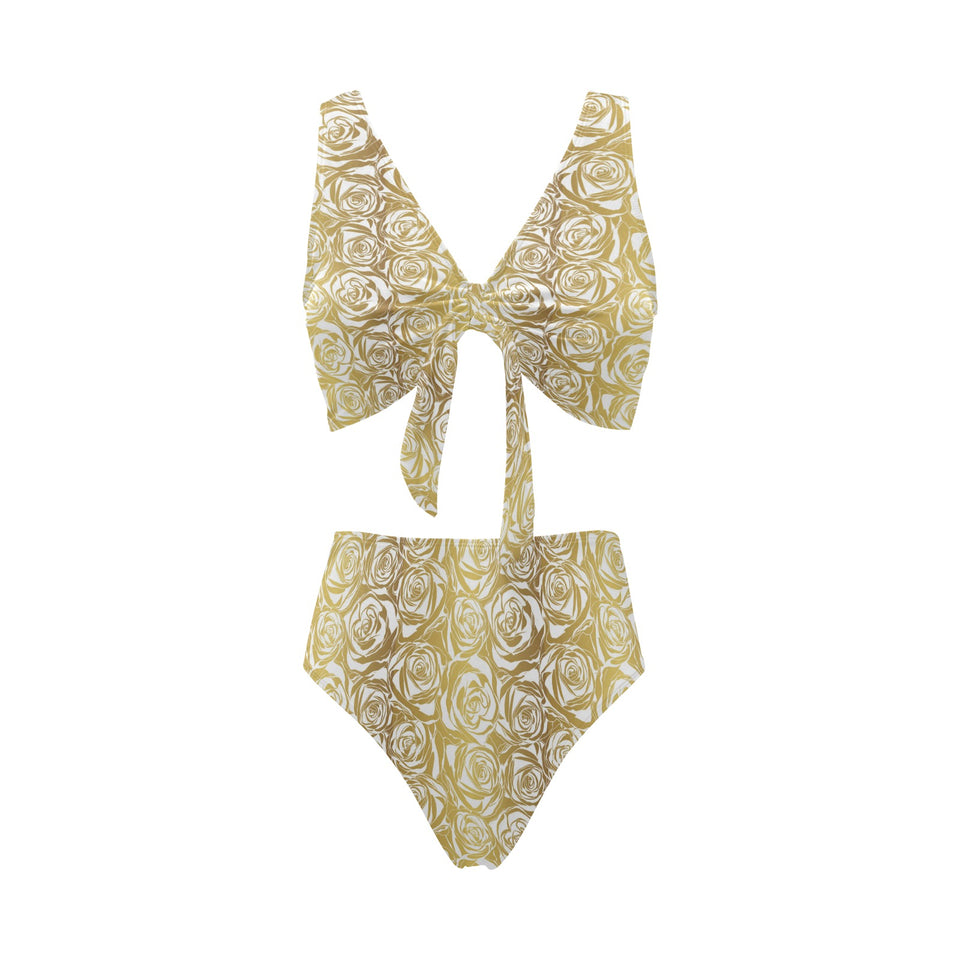 Rose Pattern Print Design 05 Chest Bowknot High Waisted Bikini Swimsuit