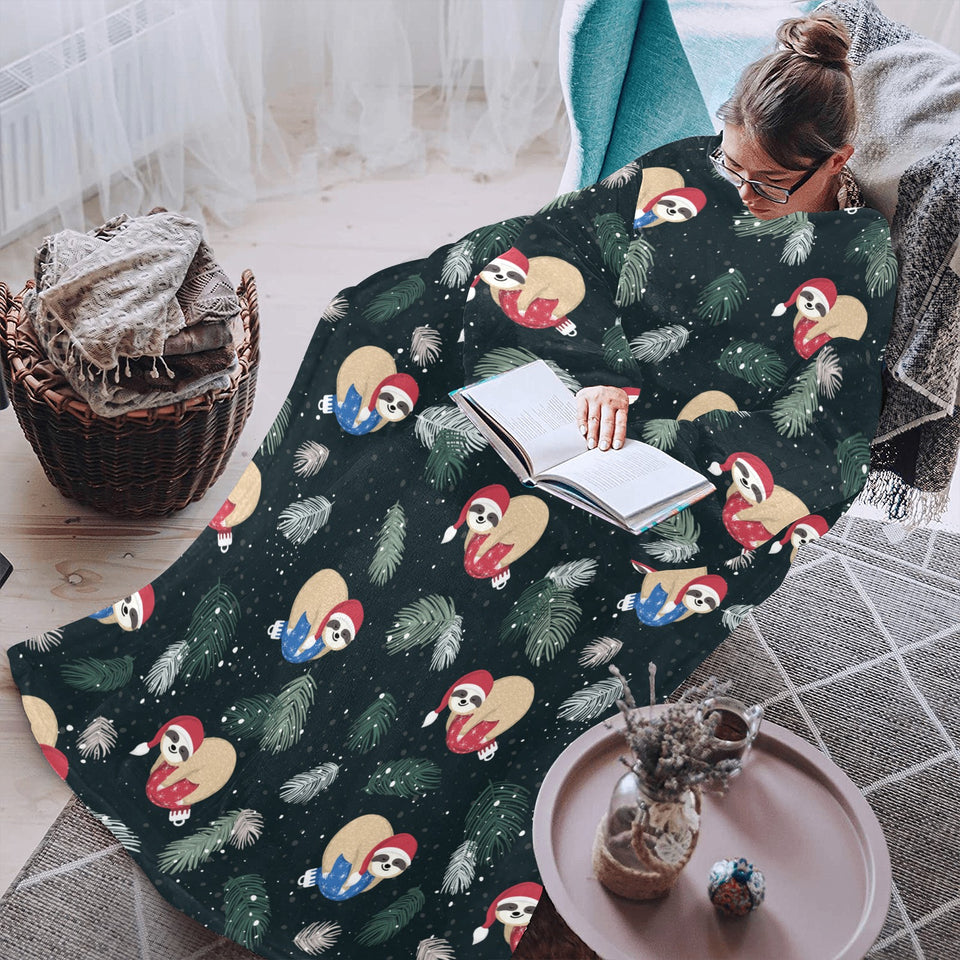 Cute sloths sleeping christmas ball santa hat patt Blanket Robe with Sleeves