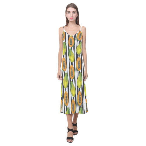 papaya design pattern V-Neck Open Fork Long Dress