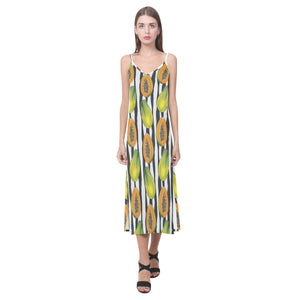 papaya design pattern V-Neck Open Fork Long Dress