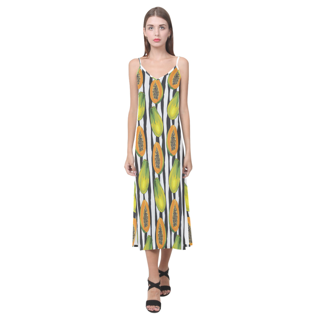 papaya design pattern V-Neck Open Fork Long Dress