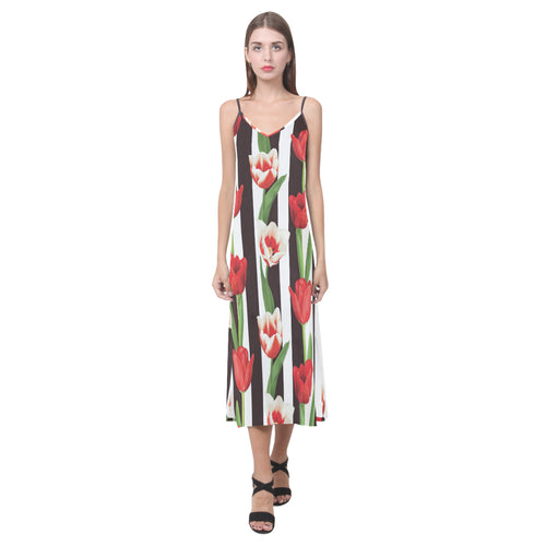 red and white tulips pattern V-Neck Open Fork Long Dress