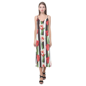 red and white tulips pattern V-Neck Open Fork Long Dress