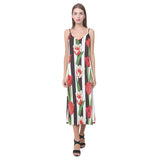 red and white tulips pattern V-Neck Open Fork Long Dress
