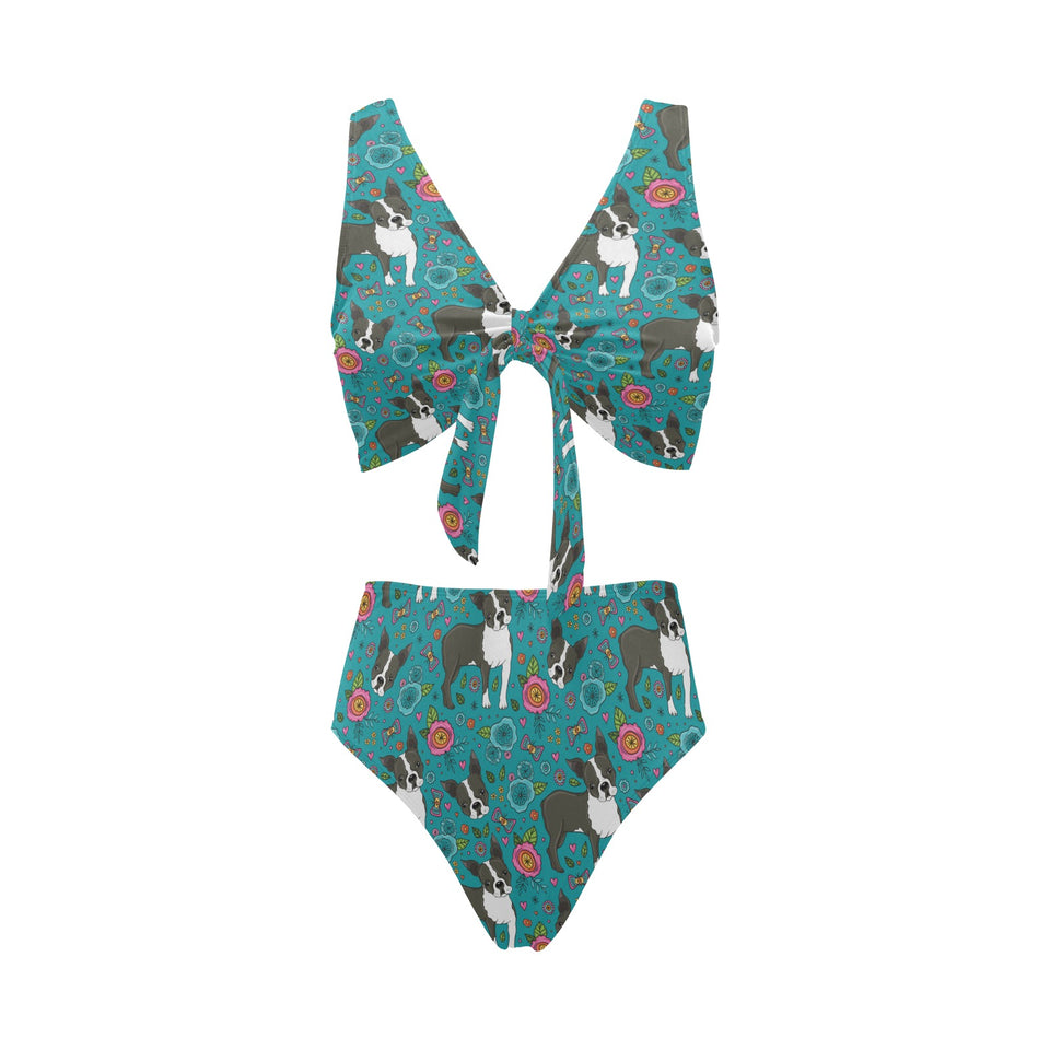 Boston terrier beautiful flower pattern Chest Bowknot High Waisted Bikini Swimsuit