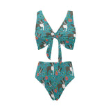 Boston terrier beautiful flower pattern Chest Bowknot High Waisted Bikini Swimsuit