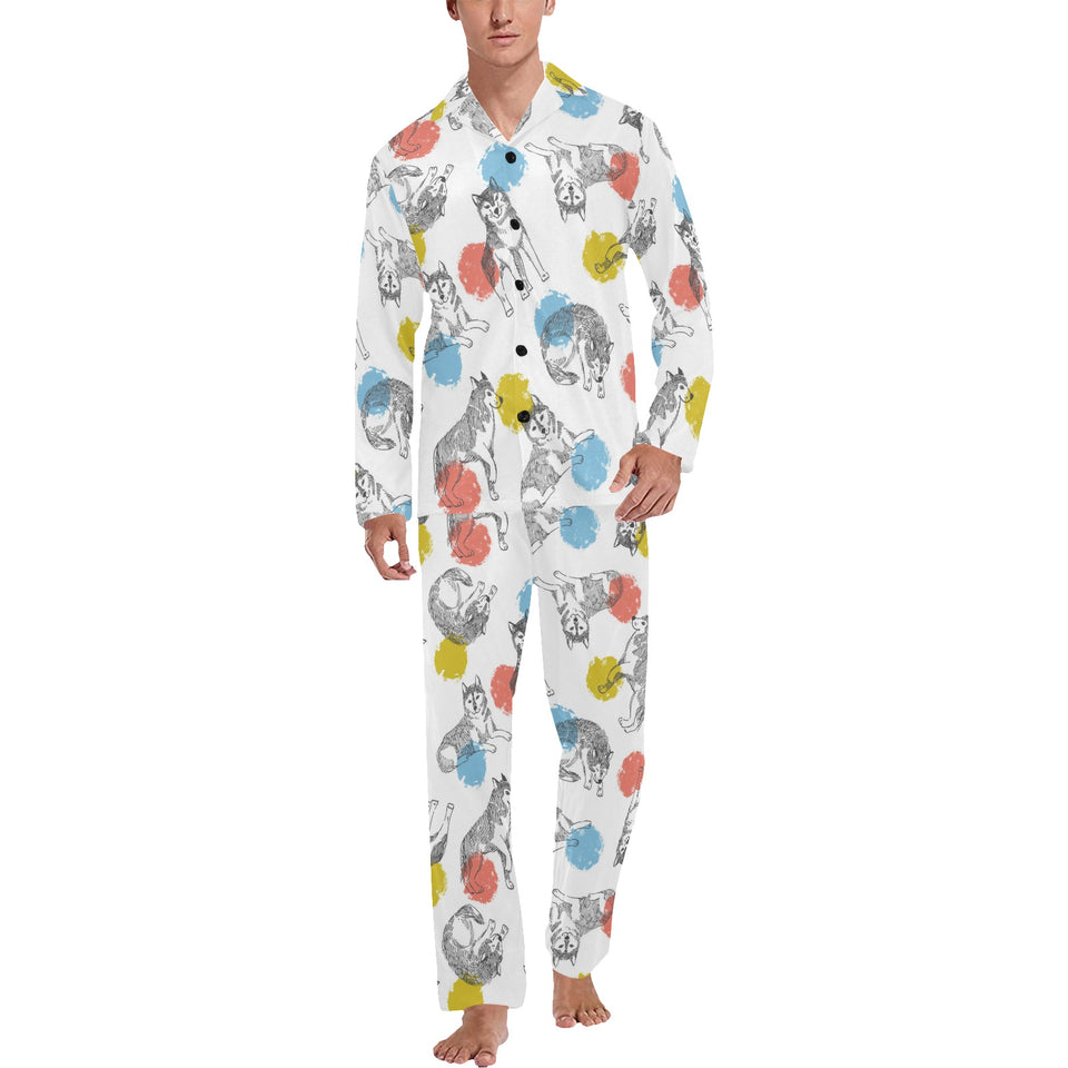 Siberian husky and colorful circle pattern Men's Long Pajama Set