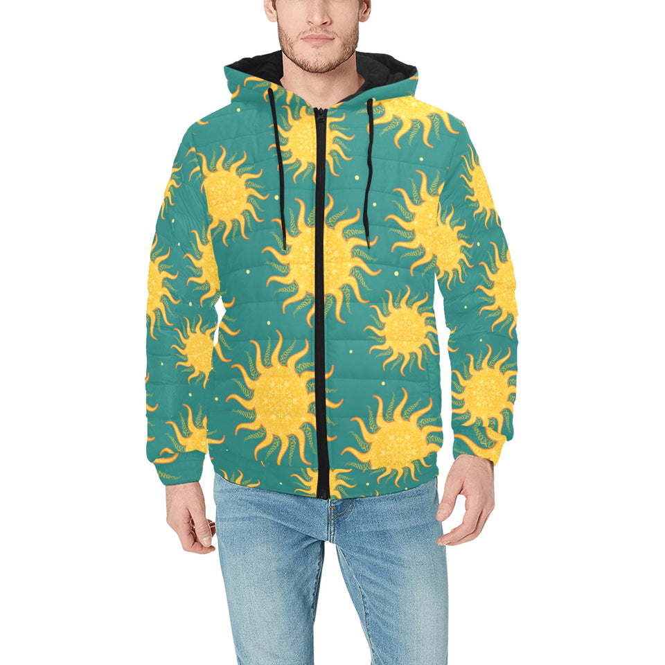 Sun green background Men's Padded Hooded Jacket