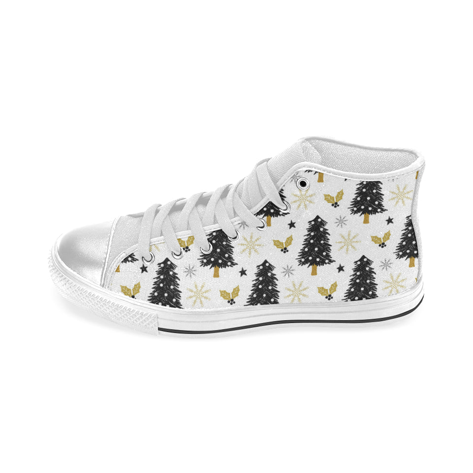 Christmas tree holly snow star pattern Women's High Top Canvas Shoes White