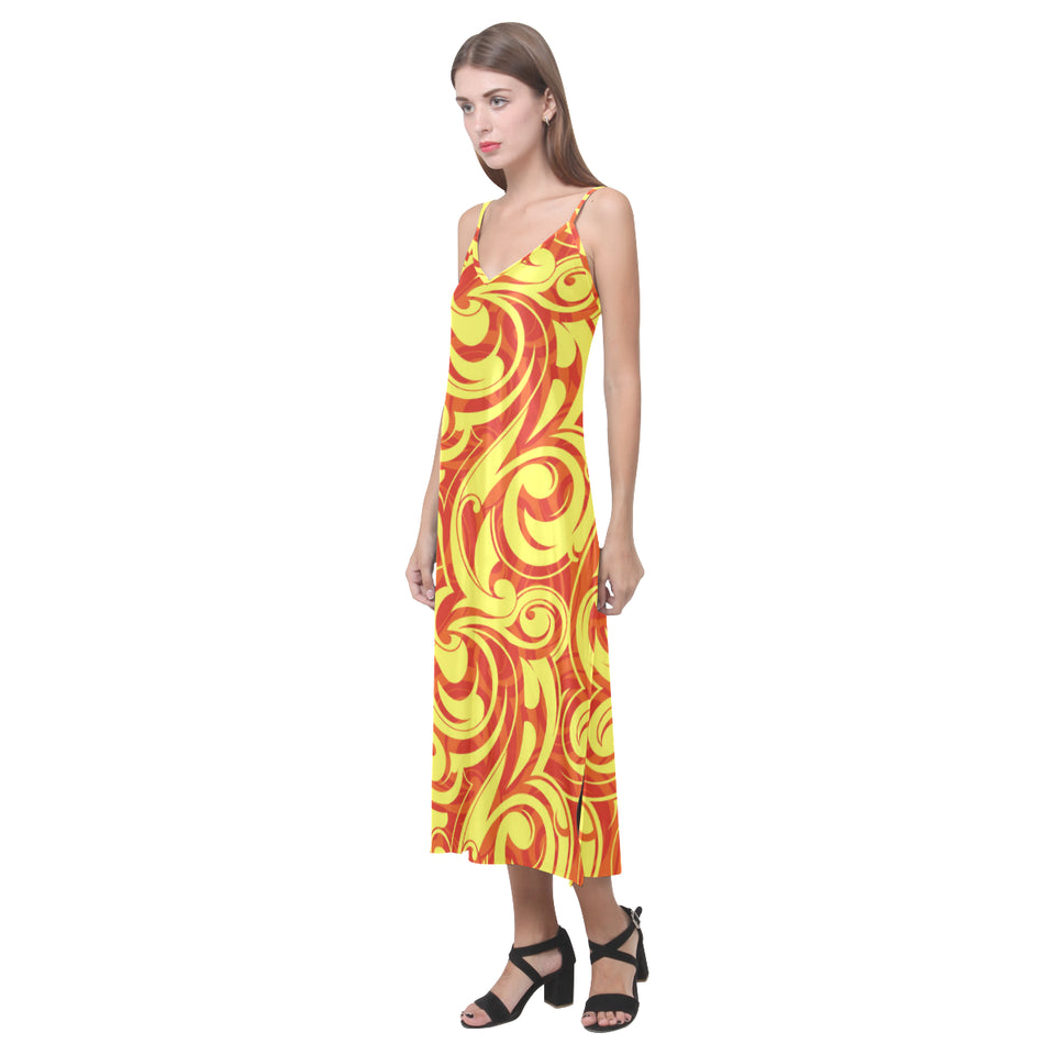 Fire flame design pattern V-Neck Open Fork Long Dress