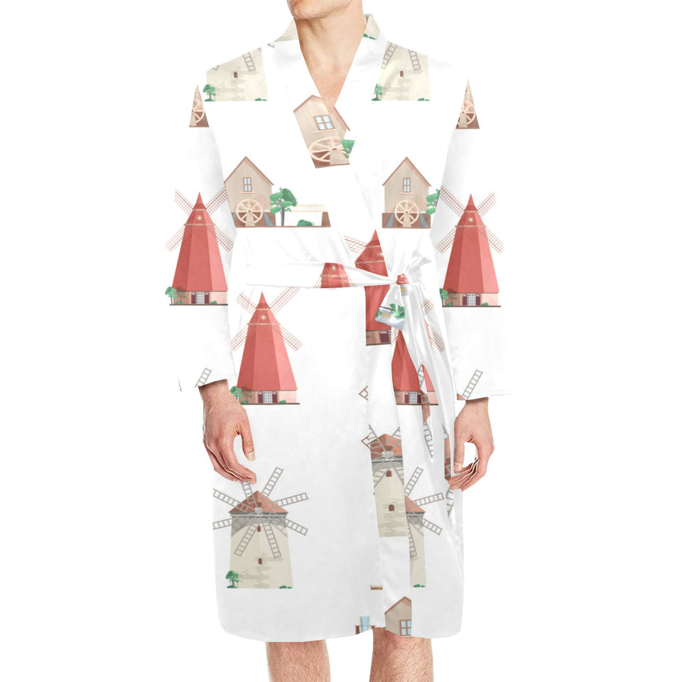 windmill design pattern Men's Long Sleeve Belted Night Robe