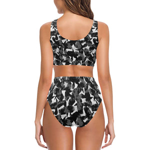 Crow illustration pattern Chest Bowknot High Waisted Bikini Swimsuit