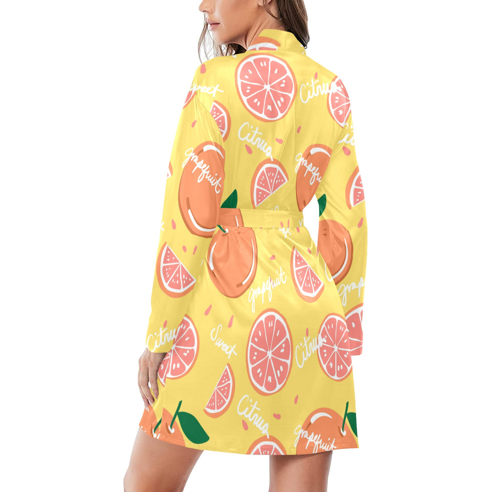 Grapefruit yellow background Women's Long Sleeve Belted Night Robe
