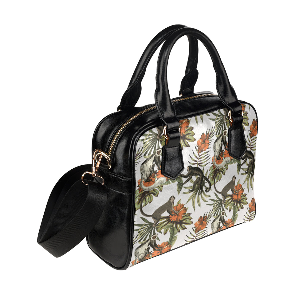 Monkey red hibiscus flower palm leaves floral patt Shoulder Handbag